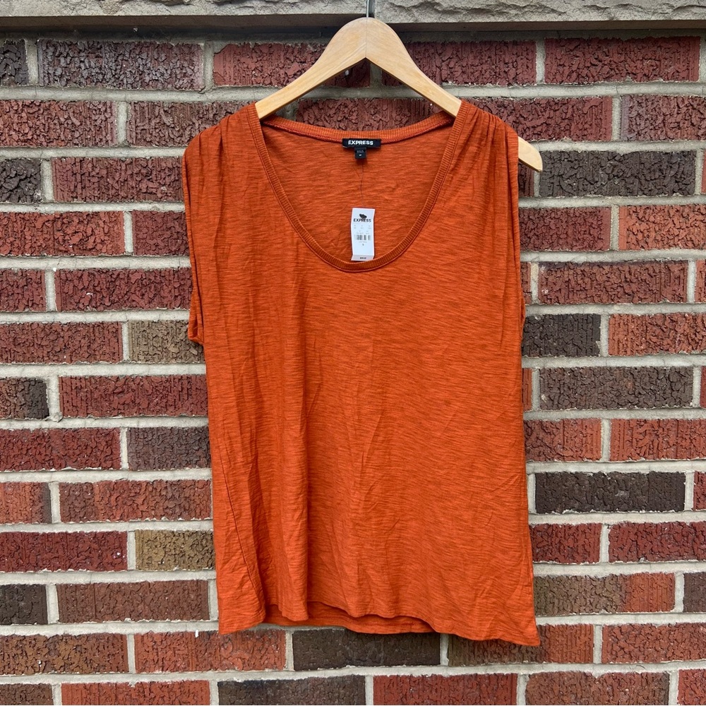 Express Burnt Orange Light Knit Ruched Shoulder Sleeveless Scoop Neck Top